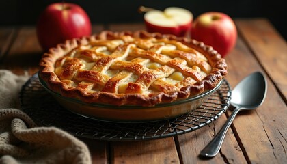 Freshly baked apple pie cooling on rack. Golden crust lattice top, tender apples inside. Rustic wooden table setting with whole apples nearby. Perfect for autumn harvest, holiday gatherings,