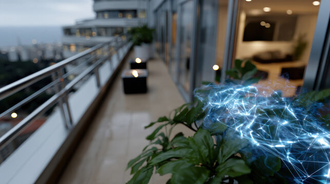 A modern balcony scene featuring lush greenery with an artistic digital network visualization overlay representing connectivity and innovation in an urban setting.