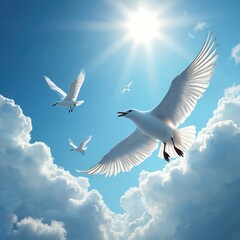 Obraz premium Four white seagulls soar gracefully through vibrant blue sky, in fluffy white clouds. Sunlight beams intensely from above, illuminating birds outstretched wings, feathers. Scene evokes freedom,