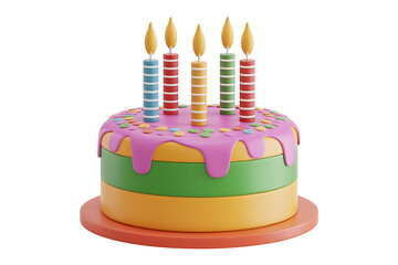 Colorful cake with lit candles, celebrating a joyful occasion with vibrant decorations.