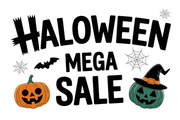 Festive Halloween celebration with pumpkins, bats, spiderwebs, and a mega sale announcement.