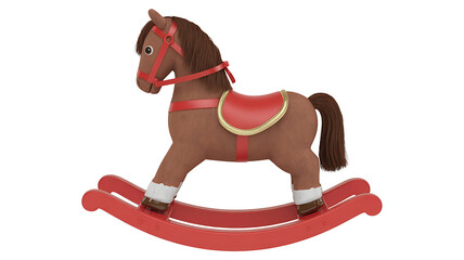 A classic wooden rocking horse with a reddish-brown coat, red saddle, ready for playful adventures.