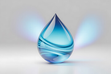 A single, glistening blue water droplet reflects light, symbolizing purity and freshness.