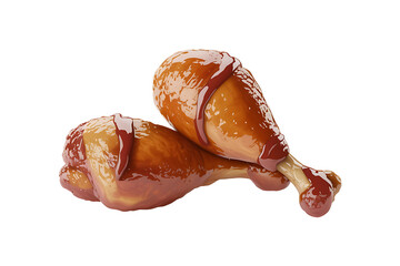 Two glazed chicken legs, glistening with a rich, savory barbecue sauce.