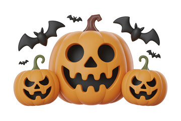 Festive pumpkins with carved faces and bats create a spooky, autumnal Halloween scene.