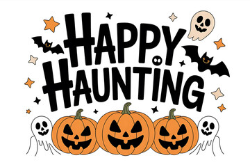 Festive Halloween greeting with pumpkins, bats, ghosts, and stars, celebrating the spooky season.