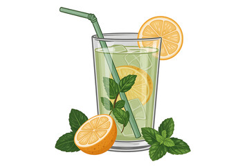 Refreshing beverage with citrus slices, mint leaves, and ice, a cool and vibrant drink.