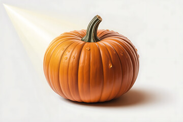 Vibrant orange pumpkin, textured surface, illuminated by warm light, evokes autumnal harvest season.