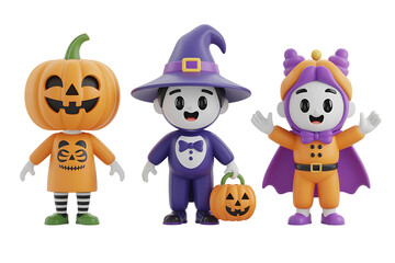 Festive Halloween characters in costumes, pumpkins and bats, celebrating autumn with joyful spirit.