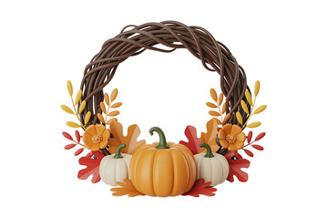 Rustic wreath adorned with autumnal leaves, pumpkins, and warm colors, evoking harvest season.