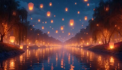 Serene night scene. Sky lanterns glow over tranquil water. Lanterns light trees along riverbank. Scenic, romantic, peaceful vibe. Ideal for decoration, travel blog, book cover, invitation card,
