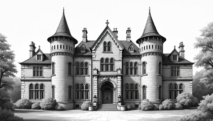 Obraz premium Detailed black, white illustration of historic stone manor house, featuring symmetrical architecture with towers, gables, arched windows. Monochrome drawing emphasizes masonry detail, classic vintage