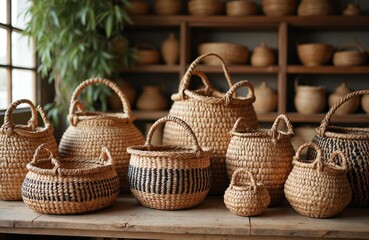 Assortment of handmade wicker baskets on wooden shelf. Various sizes, woven from natural straw, some with blue accents. Traditional craft containers for storage, decor, market stalls, shops.