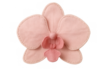 Pink fabric orchid flower appliqué with embroidered edges, soft textile craft accessory on transparent background