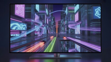 An ultra high definition television displays a futuristic neon city with digital lights and fast moving vehicles creating a vibrant and immersive entertainment experience.