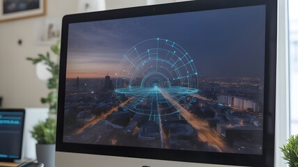 A modern computer screen displays a futuristic cityscape overlayed with glowing digital network lines showing technological advancement and connectivity at dusk.