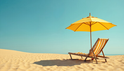 Striped deck chair, yellow umbrella on golden sand beach. Clear blue sky above. Relaxing tropical getaway setup. Coastal resort offers leisure, comfort under sunny skies. Perfect for summer vacation