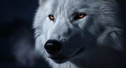 Dramatic Close-Up Portrait of White Wolf with Intense Glowing Amber Eyes at Night