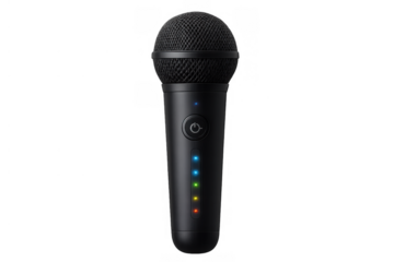 Wireless microphone with illuminated power button and battery level indicator, sound recording technology on transparent background