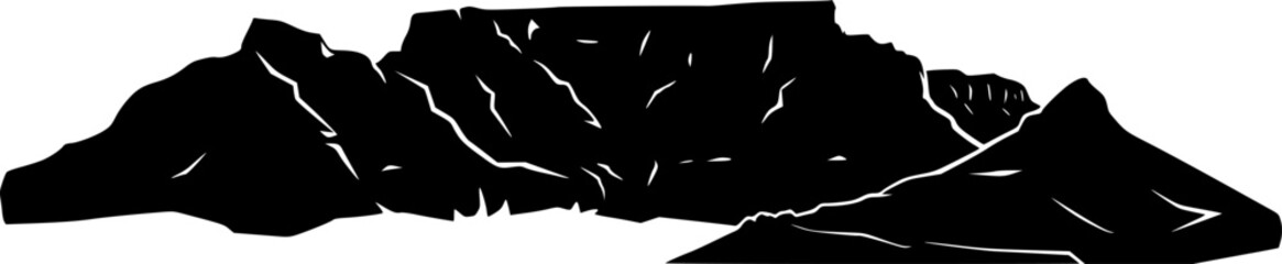 Silhouette table mountain. This image showcases a bold black outline of Table Mountain with a flat top and rugged edges, symbolizing natural beauty. Vector black clipart illustration design.