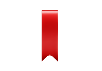 A single vibrant red satin ribbon bookmark with a v shaped cut at the bottom isolated on transparent background