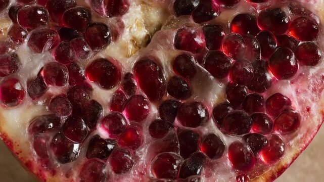Close-up of a vibrant pomegranate half, showcasing ruby red arils