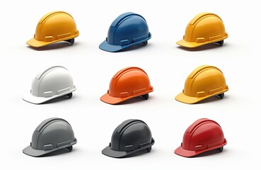 Fototapeta premium Variety of safety helmets, essential protection gear construction industrial sites. Hard hats different colors represent building trades like engineer, worker. Construction industry, civil