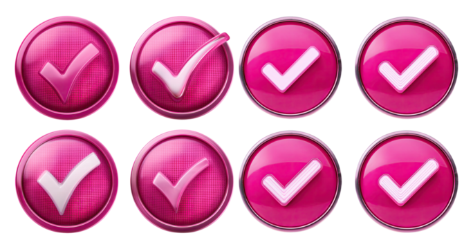 Colorful Pink Check Icons with Glossy Finish for User Interface Design, PNG bundle collection, Isolated on Transparent Background