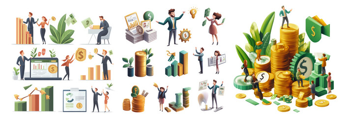 Business Growth Concepts with Charts, People, and Financial Symbols Isolated Transparent Background