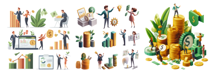 Business Growth Concepts with Charts, People, and Financial Symbols Isolated Transparent Background