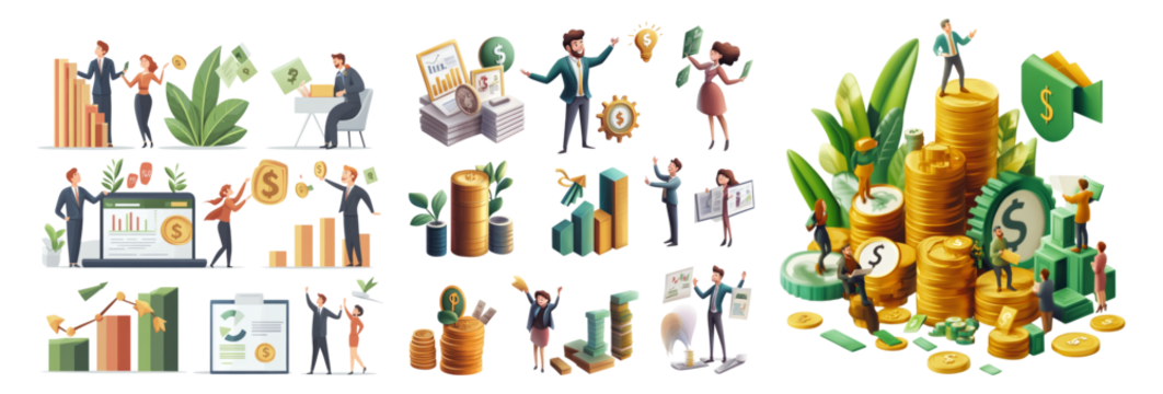 Business Growth Concepts with Charts, People, and Financial Symbols Isolated Transparent Background