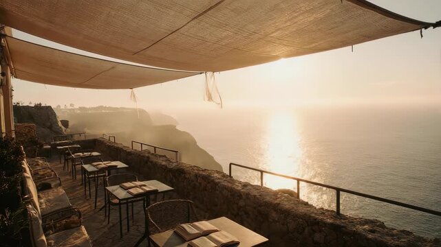 Restaurant terrace overlooking ocean at sunset, shade from fabric canopies