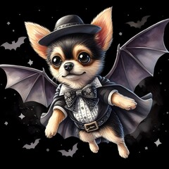 A chihuahua dressed as a bat, flying with small wings.