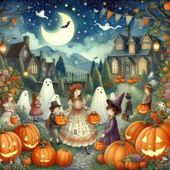 vintage Halloween background with pumpkins