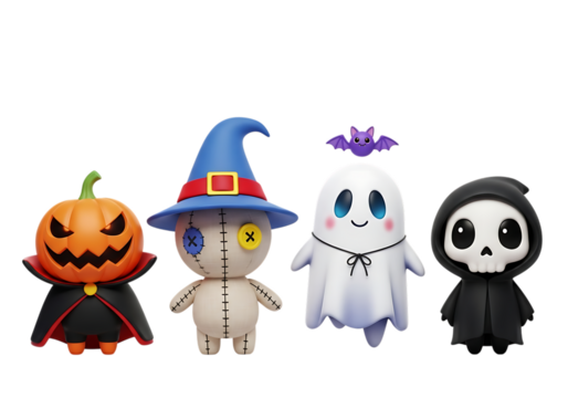 Four cute halloween characters including a pumpkin witch doll ghost and grim reaper isolated on transparent background