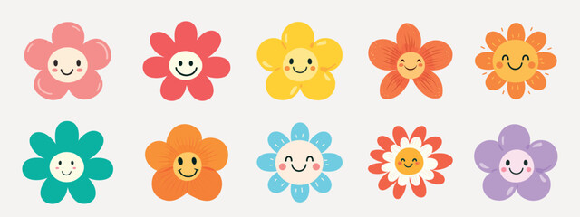 Colorful smiling flower faces, element vector set