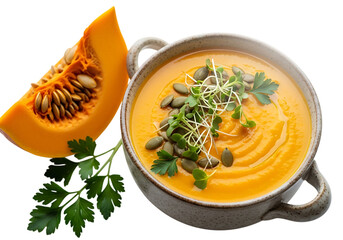 Delicious creamy pumpkin soup with fresh parsley and roasted seeds garnished with sprouts isolated on transparent background