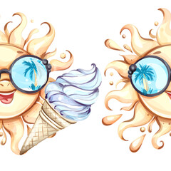 Vibrant summer seamless pattern featuring cheerful sun with sunglasses, ice cream cones, and tropical vibes perfect for beach themed backgrounds, wallpapers, and festive decor