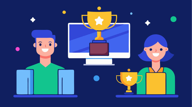 A virtual awards ceremony featuring avatars presenting and receiving digital trophies in a festive online environment.