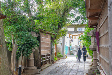 神社の参道を歩く親子の後ろ姿