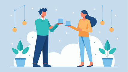 Two businesspeople exchanging business cards in a casual setting surrounded by a backdrop of elegant decor and networking booths.