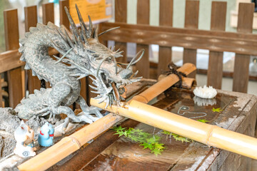 龍の手水舎に浮かぶ緑のもみじ