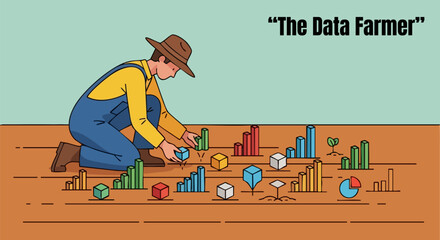Data farmer tending to his crop of charts and graphs in a conceptual illustration