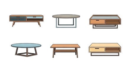 Pixel Art Collection Of Various Modern Tables With Drawers And Unique Designs In Various Shades Against White Background