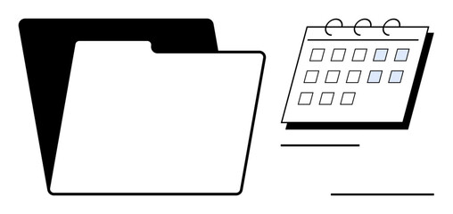 Open file folder next to a calendar with marked days, symbolizing task management, planning, and organization. Ideal for productivity, time management, workflow, planning, scheduling recordkeeping