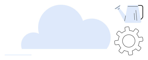 Large blue cloud with watering can pouring over it and a gear nearby. Ideal for cloud computing, growth, collaboration, innovation, productivity, technology, teamwork. A simple flat metaphor