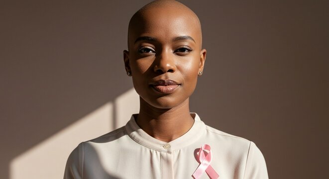 Bald woman with pink ribbon symbolizing support and awareness. Hope, resilience, and strength in the face of adversity.