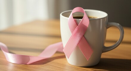 Hopeful morning: Coffee cup with pink ribbon, a symbol of support and awareness, bathed in warm sunlight on a wooden surface.