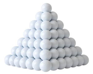 Perfect pyramid of pristine white golf balls stacked neatly, ready for the next game, conveying precision and sport