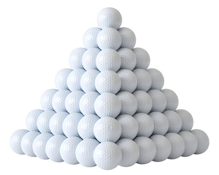 Perfect pyramid of pristine white golf balls stacked neatly, ready for the next game, conveying precision and sport